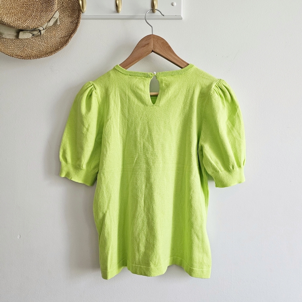 NWT CeCe Puff Sleeve Cotton Crewneck Sweater in Sugar Lime Size Small - Picture 9 of 15